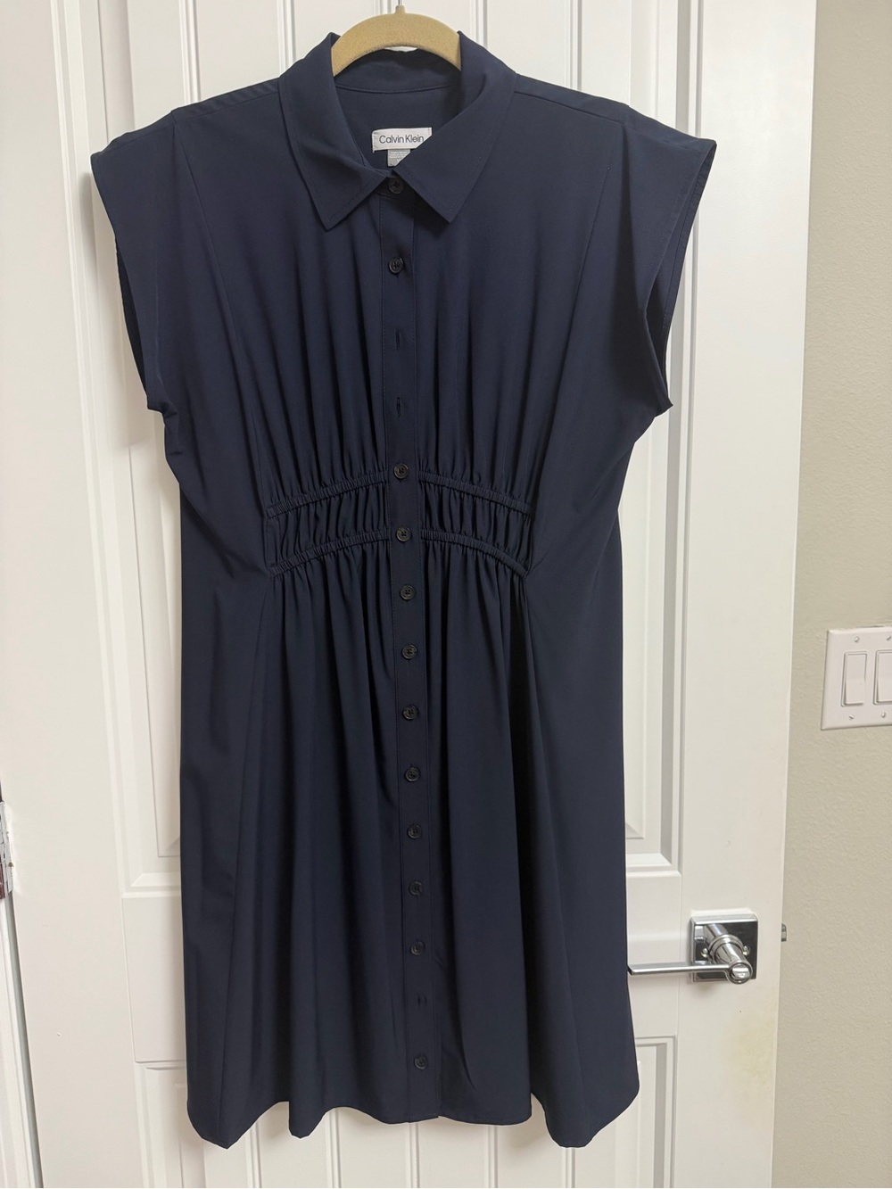 NWOT Calvin Klein Navy Button-Front Smocked-Waist Midi Dress
